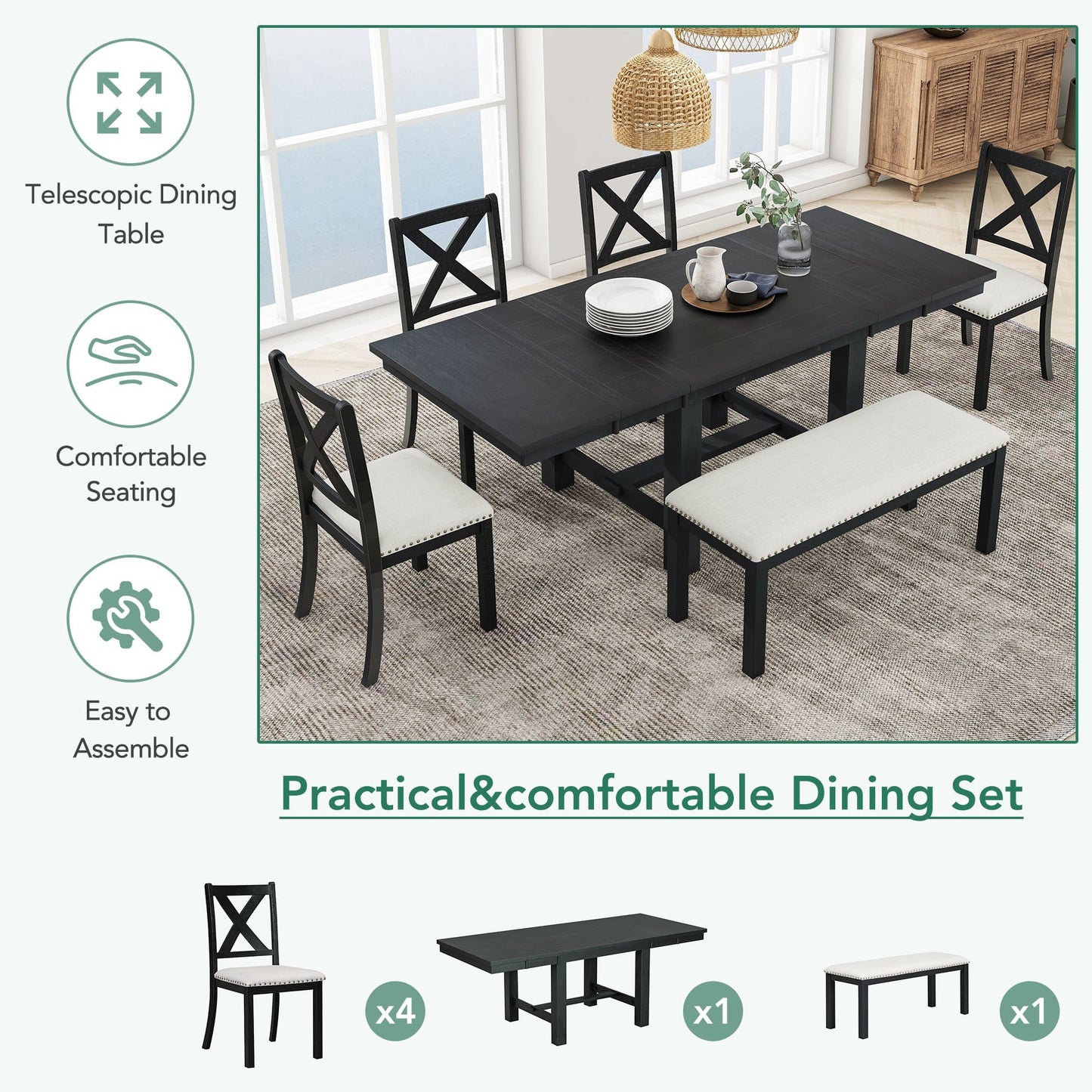 Farmhouse 82" 6-Piece Extendable Dining Table with Footrest, 4 Upholstered Dining Chairs, Dining Bench and Two 11" Removable Leaf