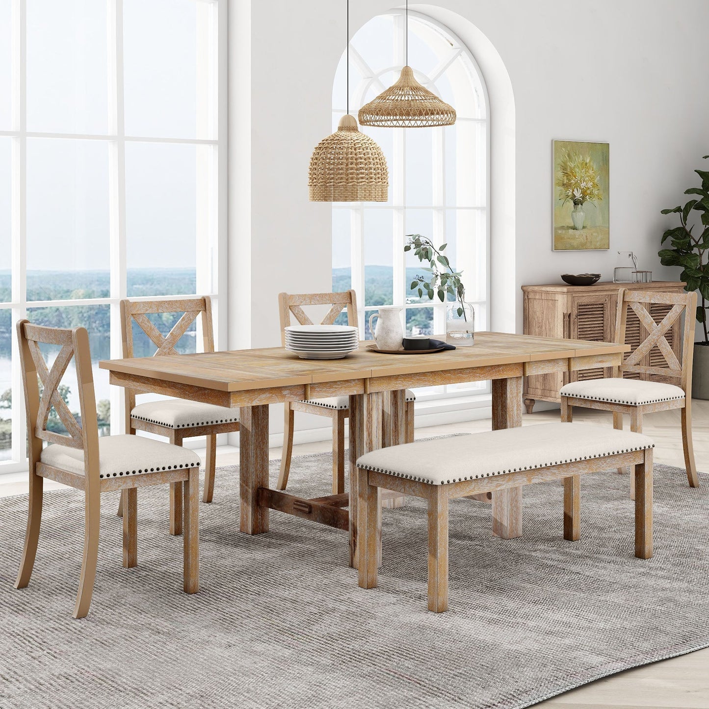 Farmhouse 82" 6-Piece Extendable Dining Table with Footrest, 4 Upholstered Dining Chairs, Dining Bench and Two 11" Removable Leaf