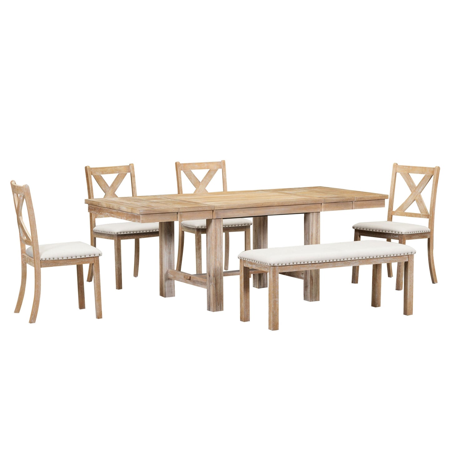 Farmhouse 82" 6-Piece Extendable Dining Table with Footrest, 4 Upholstered Dining Chairs, Dining Bench and Two 11" Removable Leaf