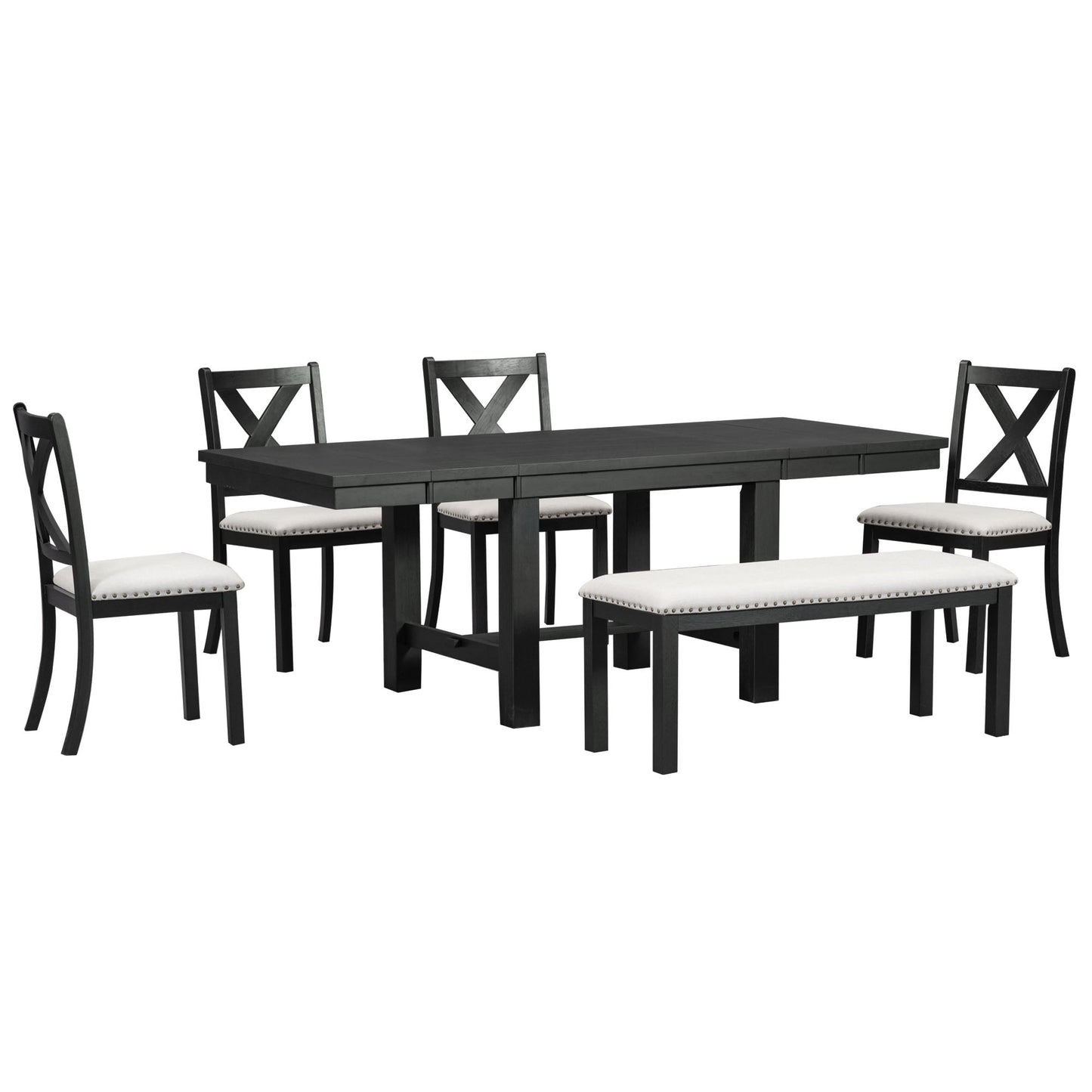 Farmhouse 82" 6-Piece Extendable Dining Table with Footrest, 4 Upholstered Dining Chairs, Dining Bench and Two 11" Removable Leaf