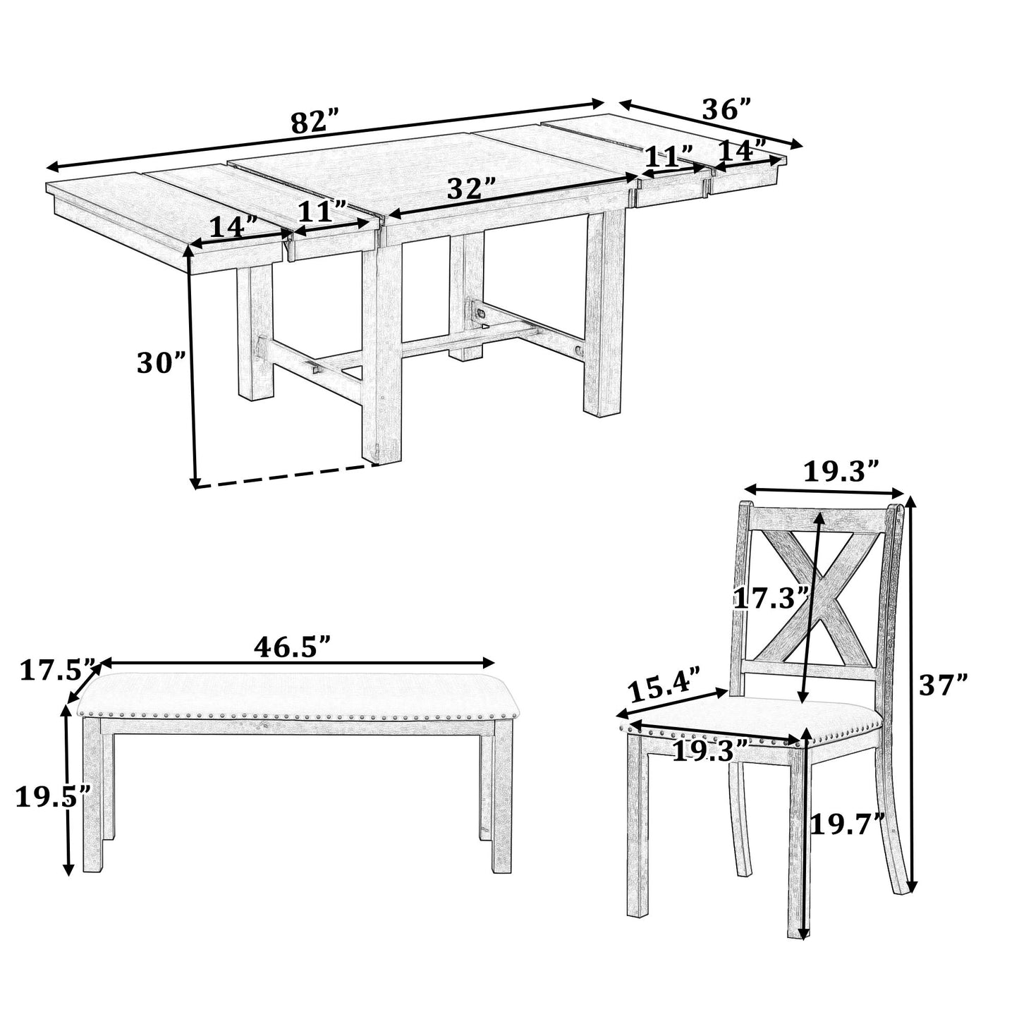 Farmhouse 82" 6-Piece Extendable Dining Table with Footrest, 4 Upholstered Dining Chairs, Dining Bench and Two 11" Removable Leaf
