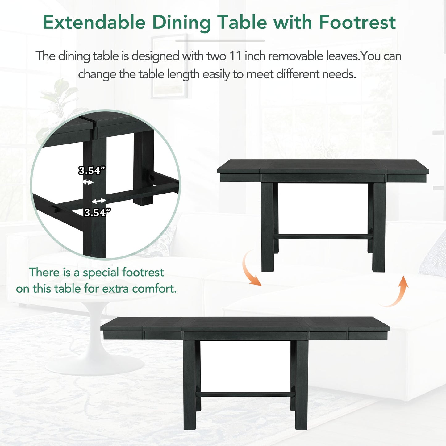 Farmhouse 82" 6-Piece Extendable Dining Table with Footrest, 4 Upholstered Dining Chairs, Dining Bench and Two 11" Removable Leaf