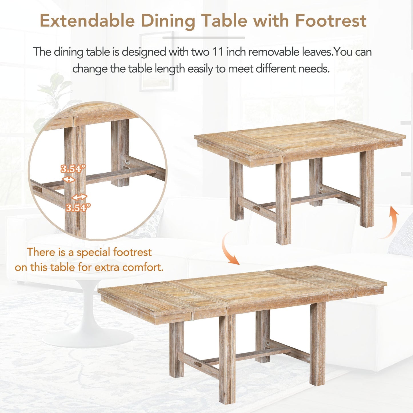 Farmhouse 82" 6-Piece Extendable Dining Table with Footrest, 4 Upholstered Dining Chairs, Dining Bench and Two 11" Removable Leaf