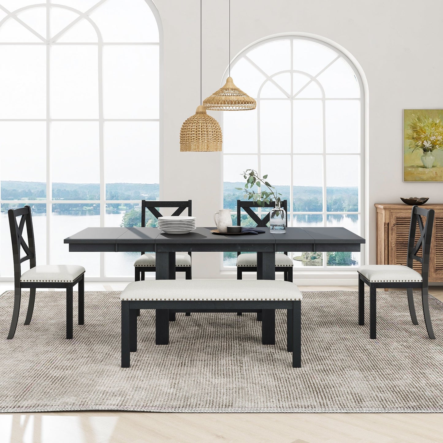Farmhouse 82" 6-Piece Extendable Dining Table with Footrest, 4 Upholstered Dining Chairs, Dining Bench and Two 11" Removable Leaf