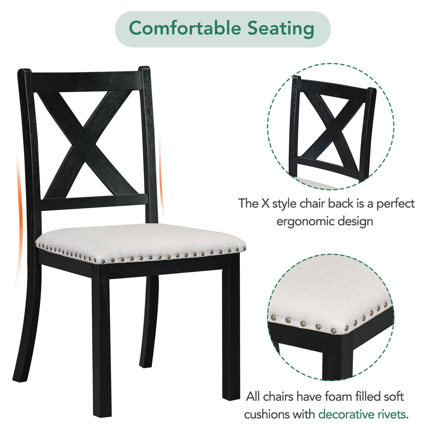 Farmhouse 82" 6-Piece Extendable Dining Table with Footrest, 4 Upholstered Dining Chairs, Dining Bench and Two 11" Removable Leaf