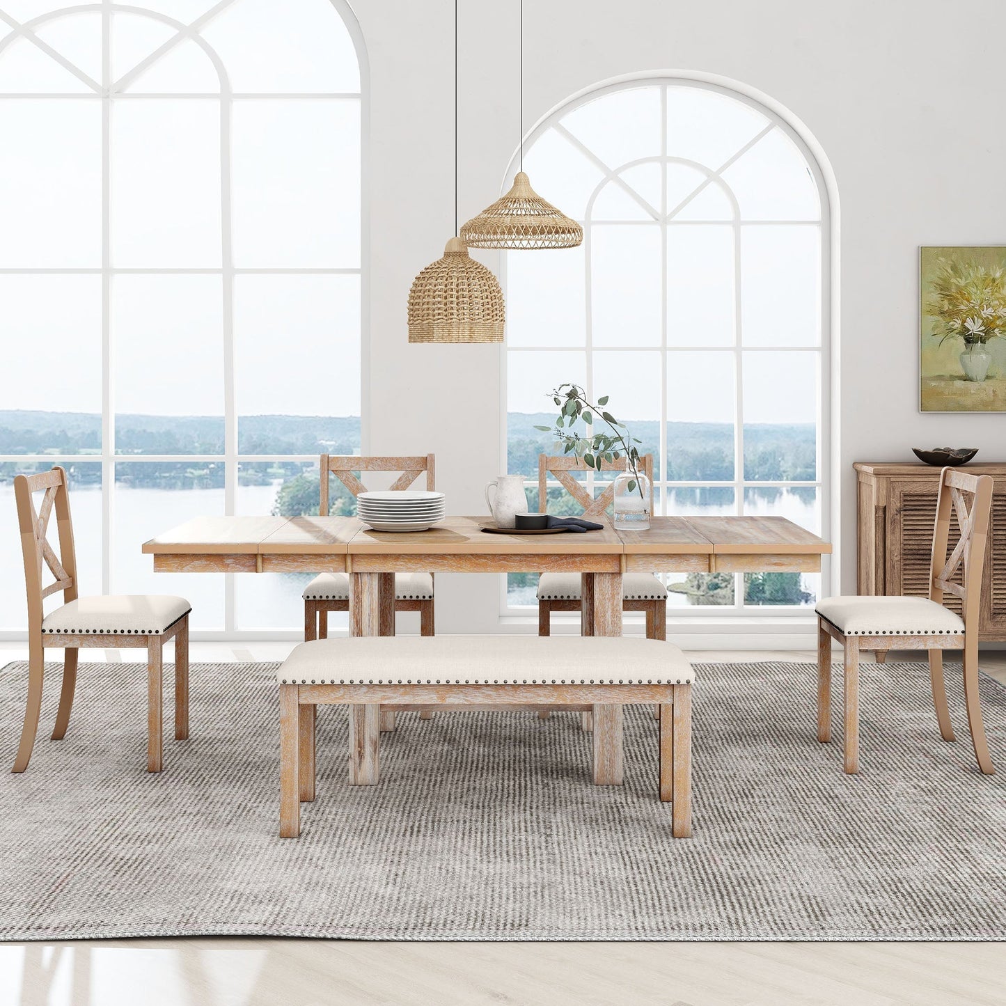 Farmhouse 82" 6-Piece Extendable Dining Table with Footrest, 4 Upholstered Dining Chairs, Dining Bench and Two 11" Removable Leaf
