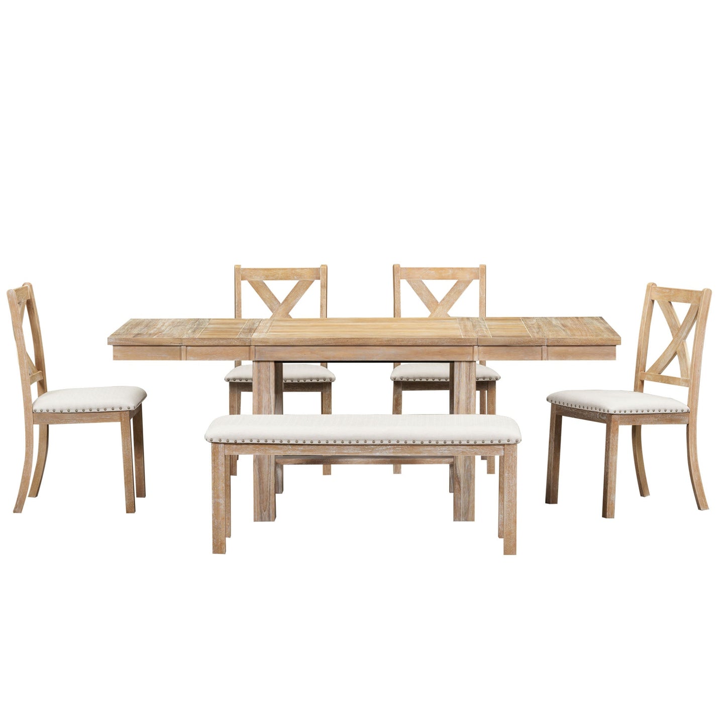 Farmhouse 82" 6-Piece Extendable Dining Table with Footrest, 4 Upholstered Dining Chairs, Dining Bench and Two 11" Removable Leaf