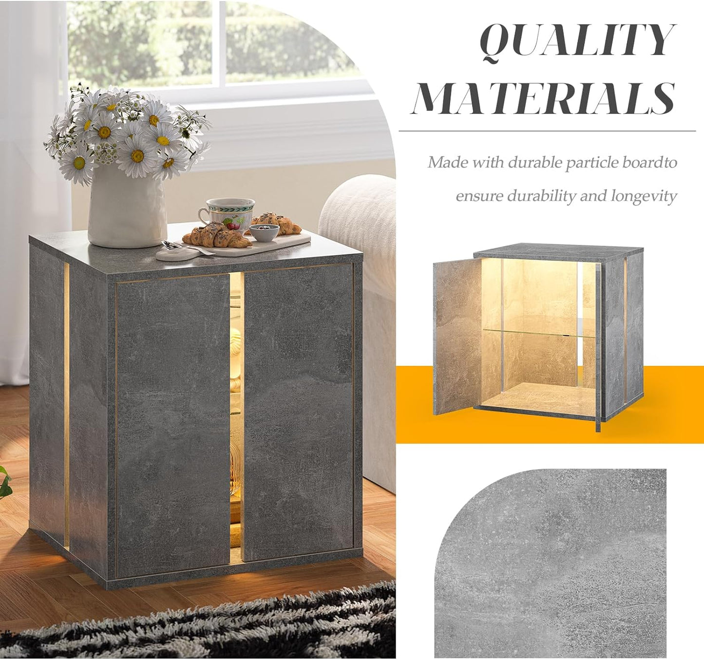 Farmhouse LED Nightstand with Glass Shelf