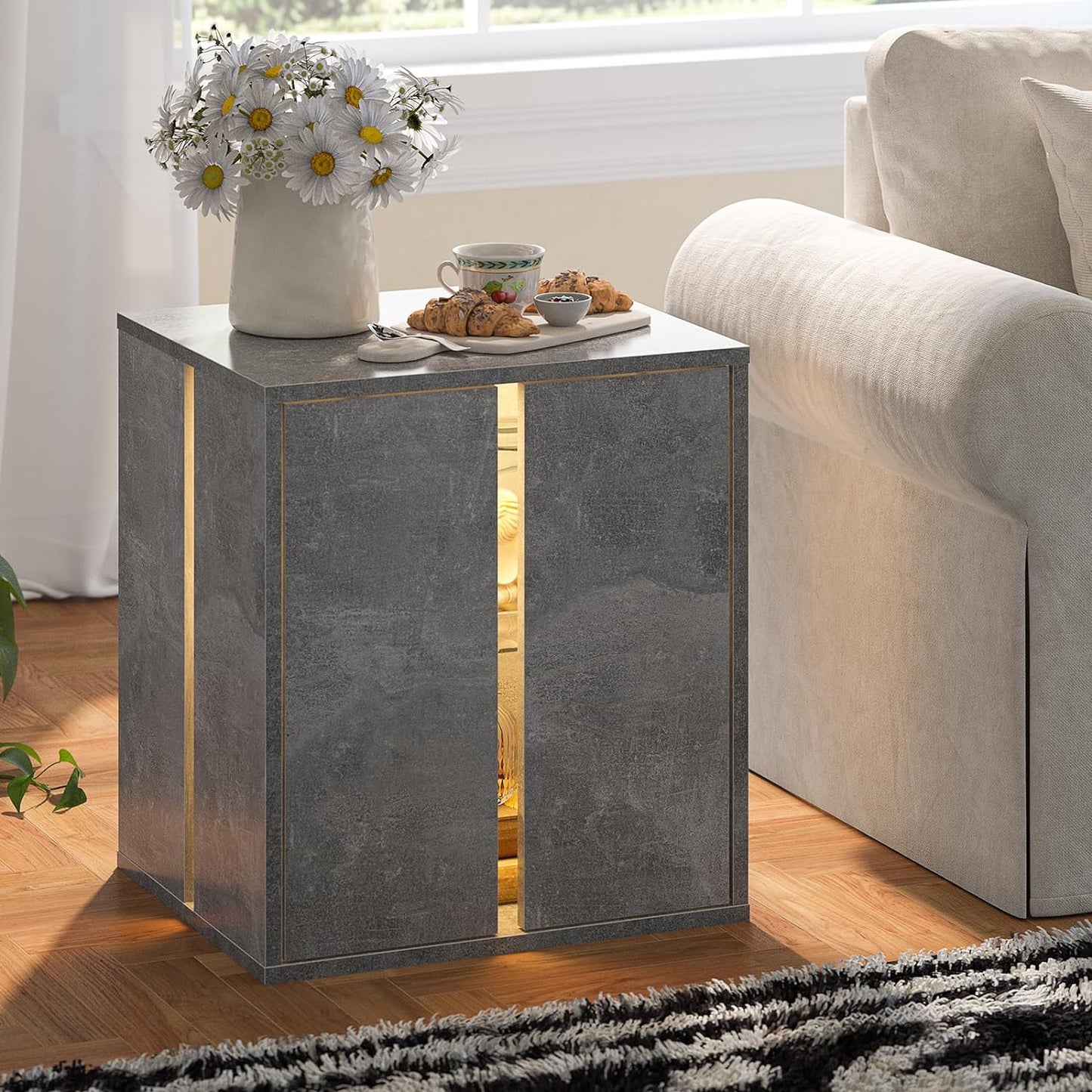 Farmhouse LED Nightstand with Glass Shelf
