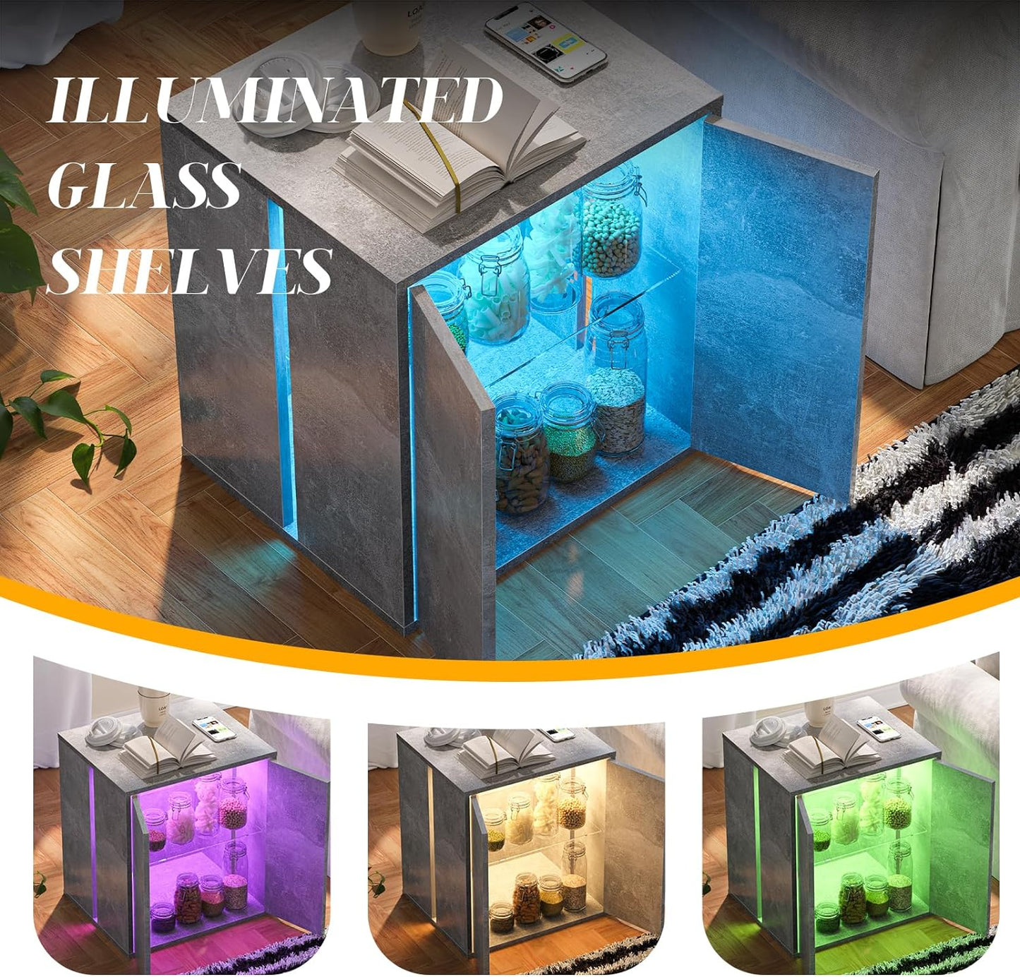 Farmhouse LED Nightstand with Glass Shelf