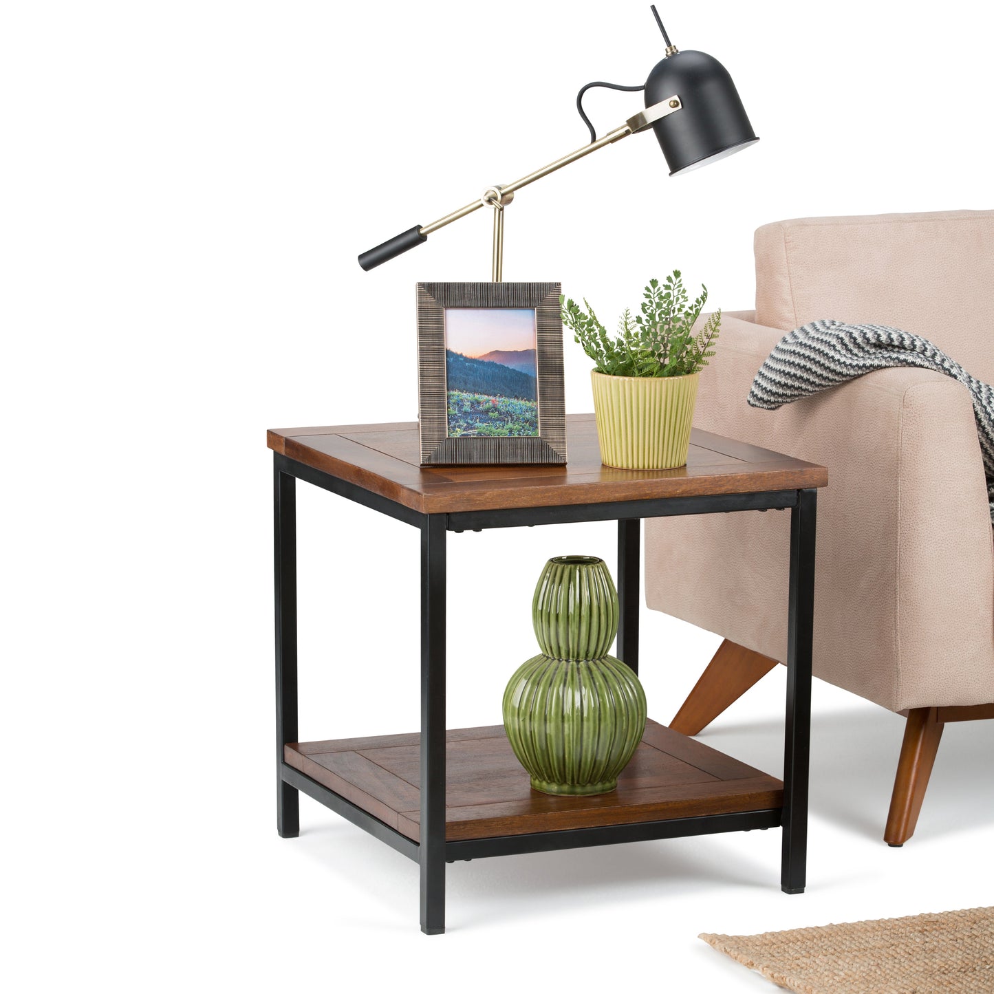 Haloed Square Side Table with Open Bottom Shelf and Metal Frame