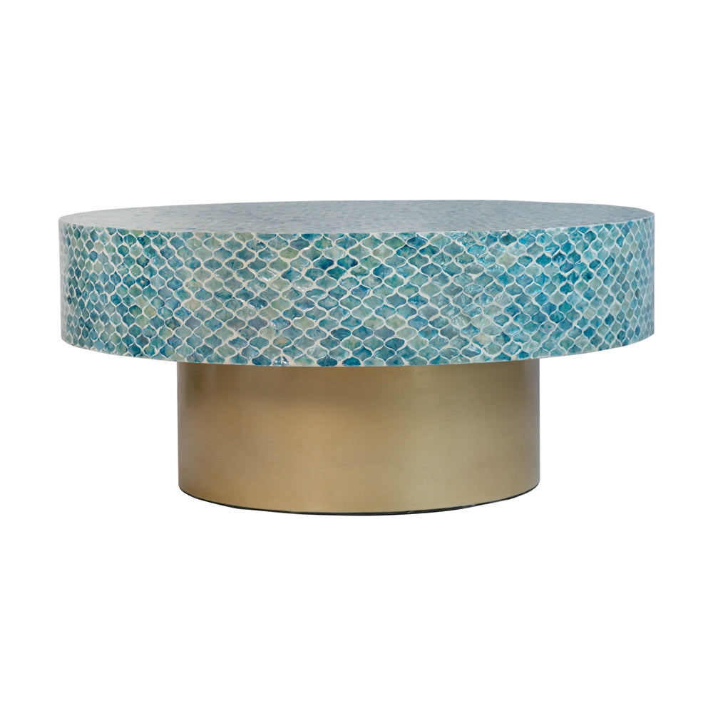 Alacrits Round Coffee Table with Capiz Design and Pedestal Base