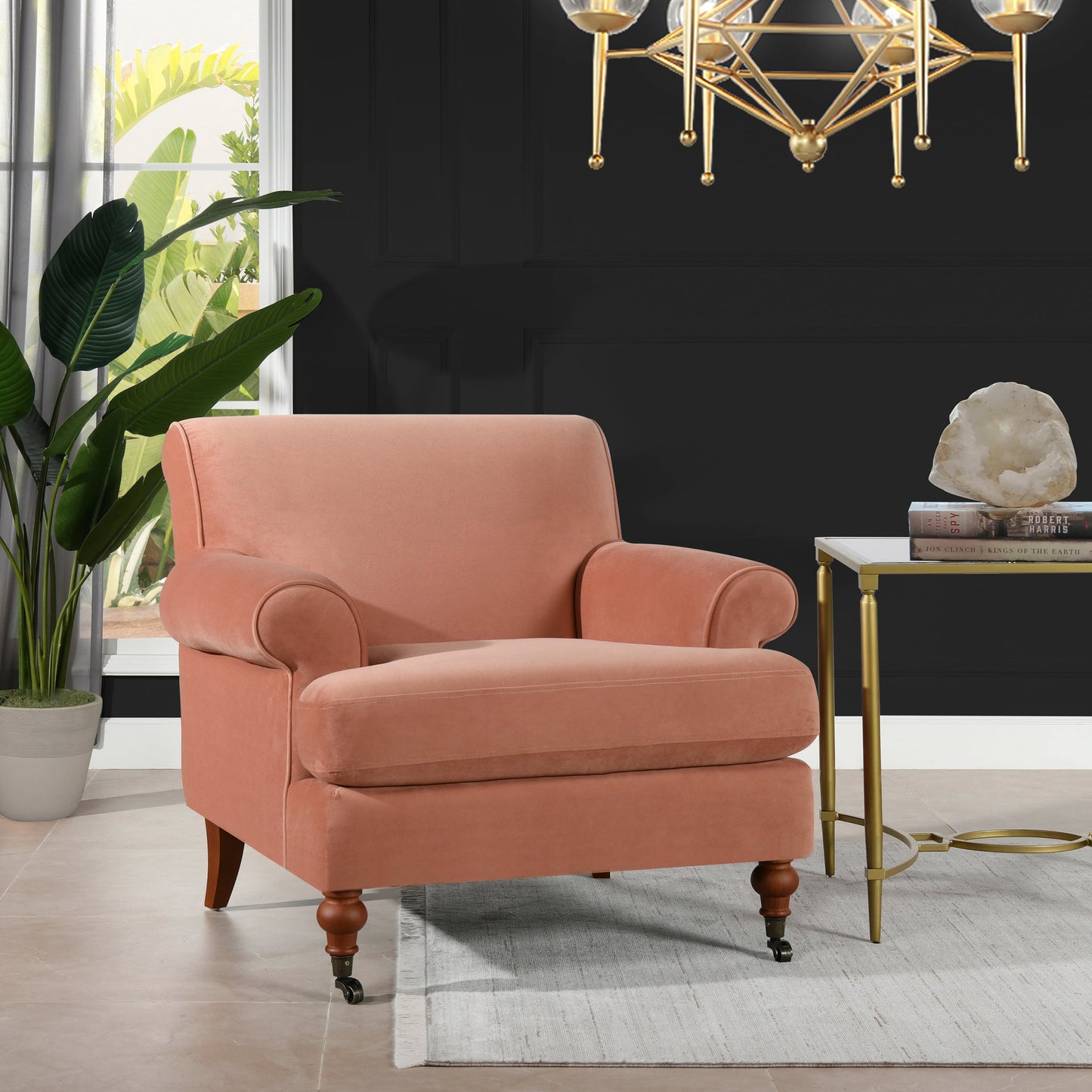 Cobaltex Upholstered Arm Chair with Metal Casters and Rolled Arms
