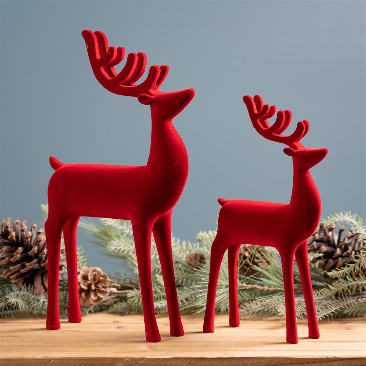 Red Flocked Deer Figurine, Set of 2