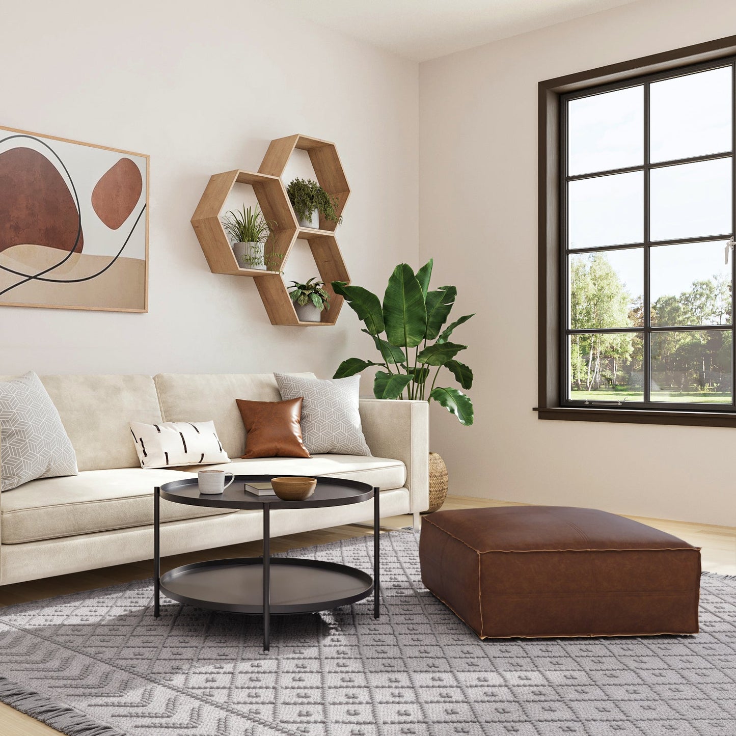 Ascendant Faux Leather Square Pouf with Top Stitching Detail