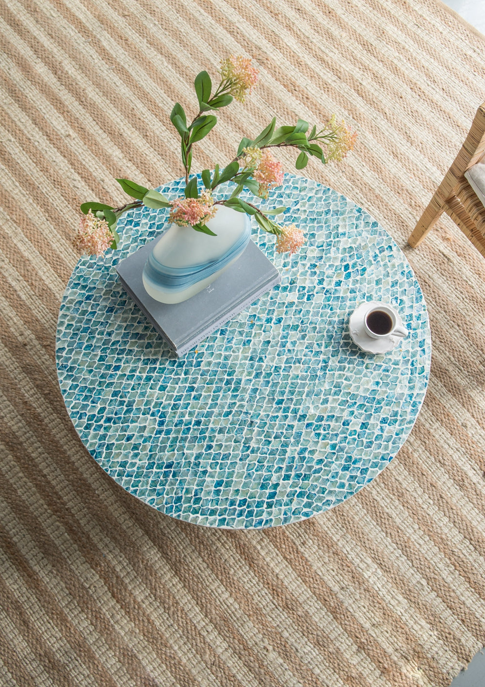 Alacrits Round Coffee Table with Capiz Design and Pedestal Base