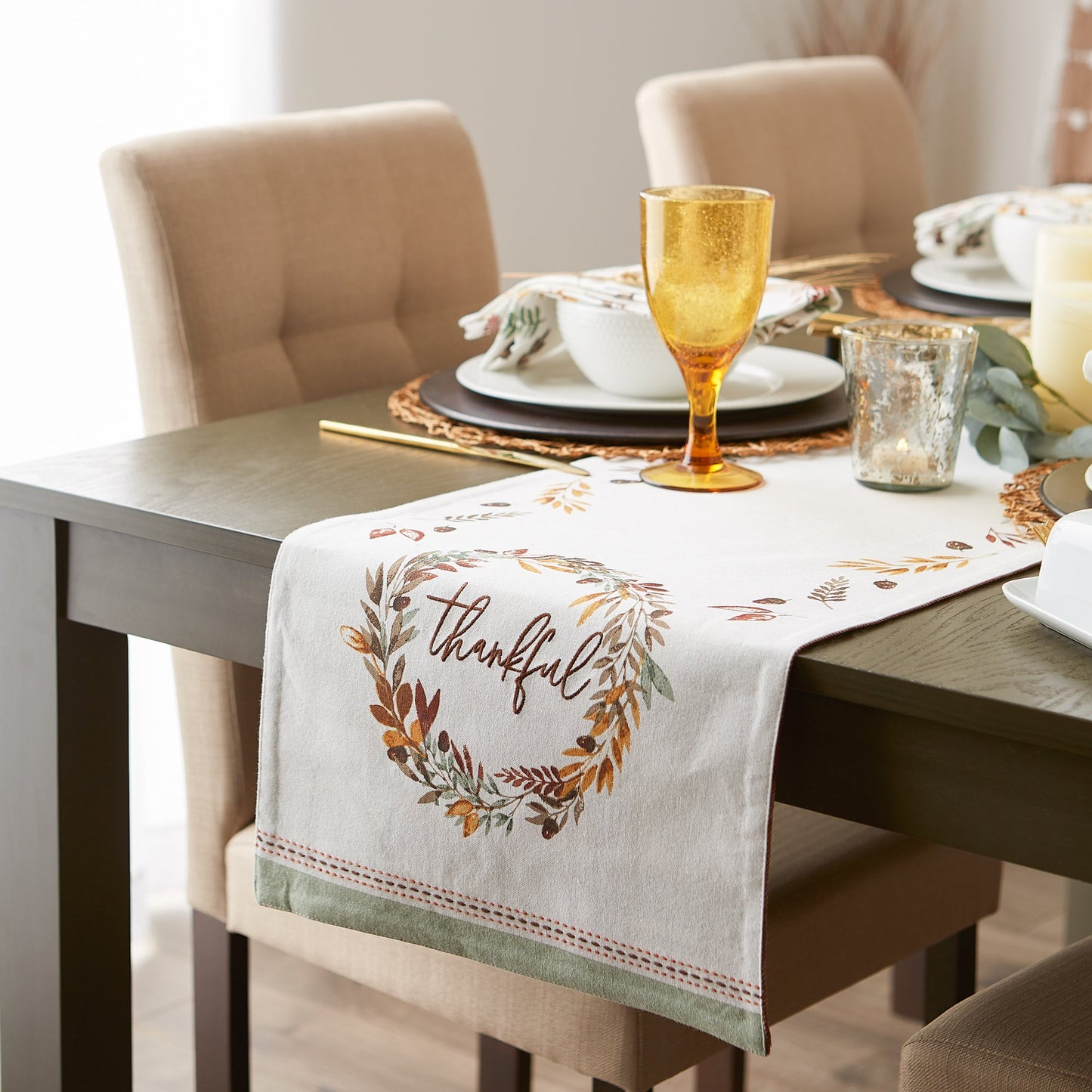 Thankful Autumn Wreath Reversible Embellished Table Runner 14X72