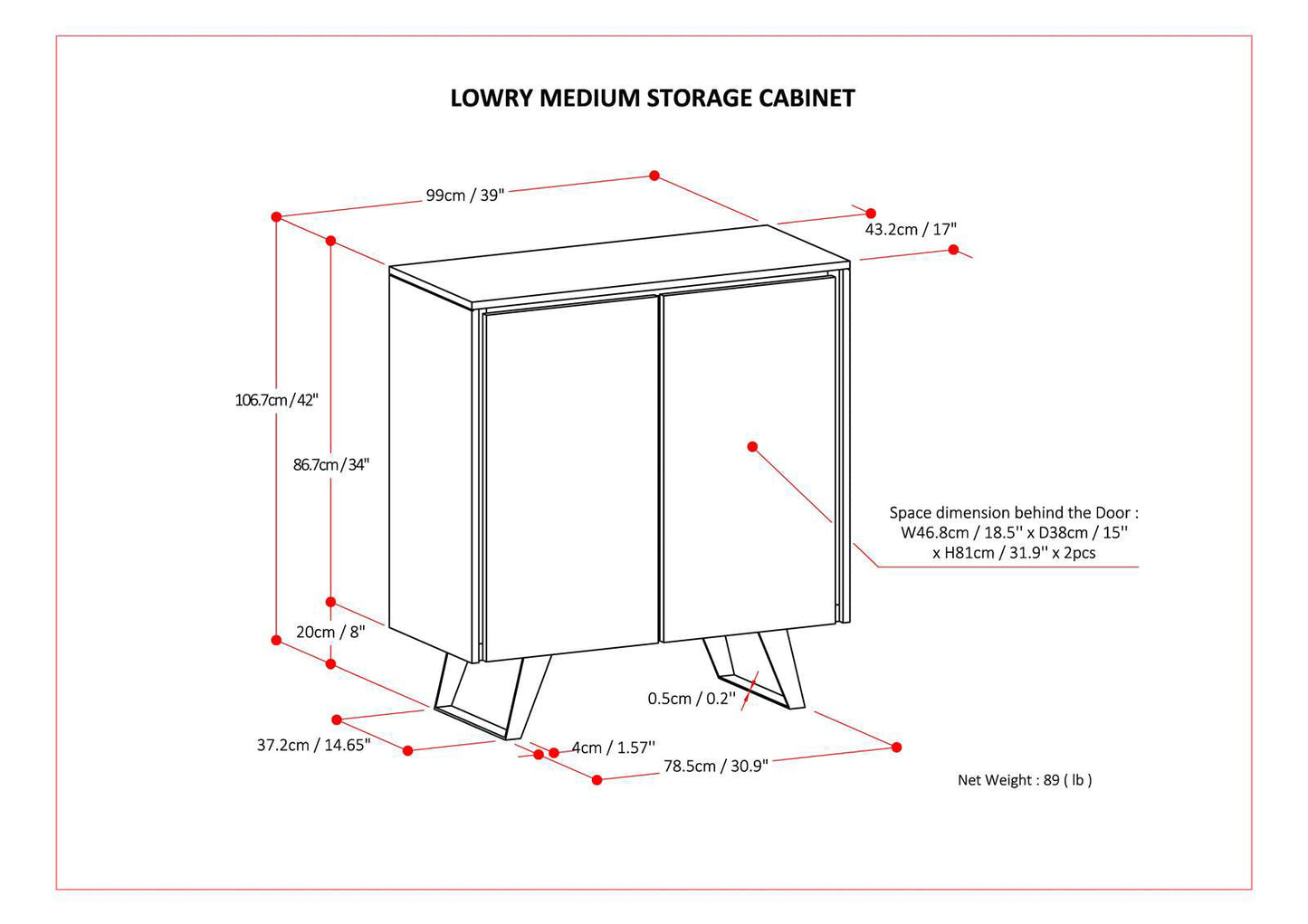 Passage 2-Door Storage Cabinet with 4 Adjustable Shelves and Metal Angled Legs