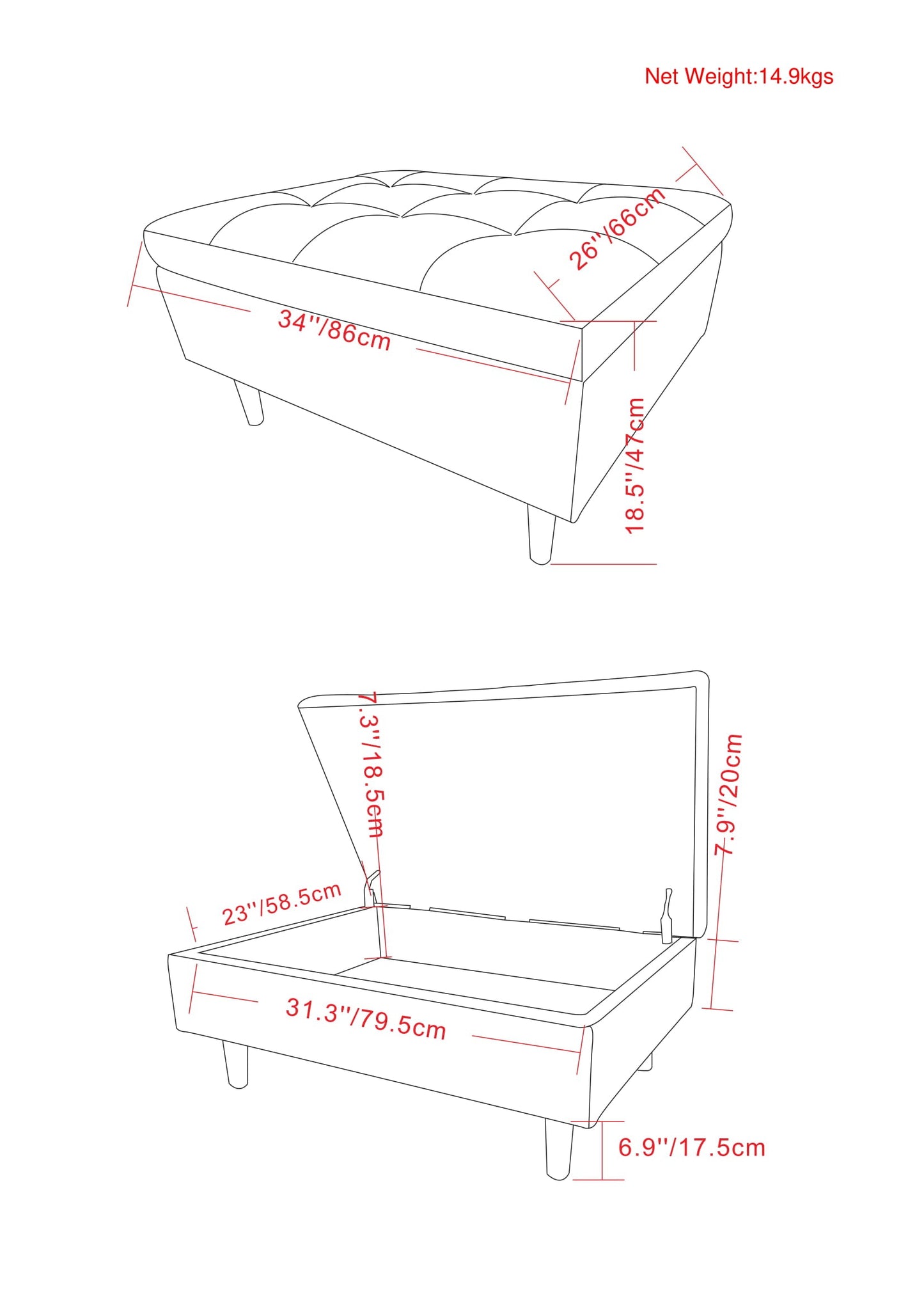 Purity Small Lift-Top Upholstered Tufted Rectangular Ottoman