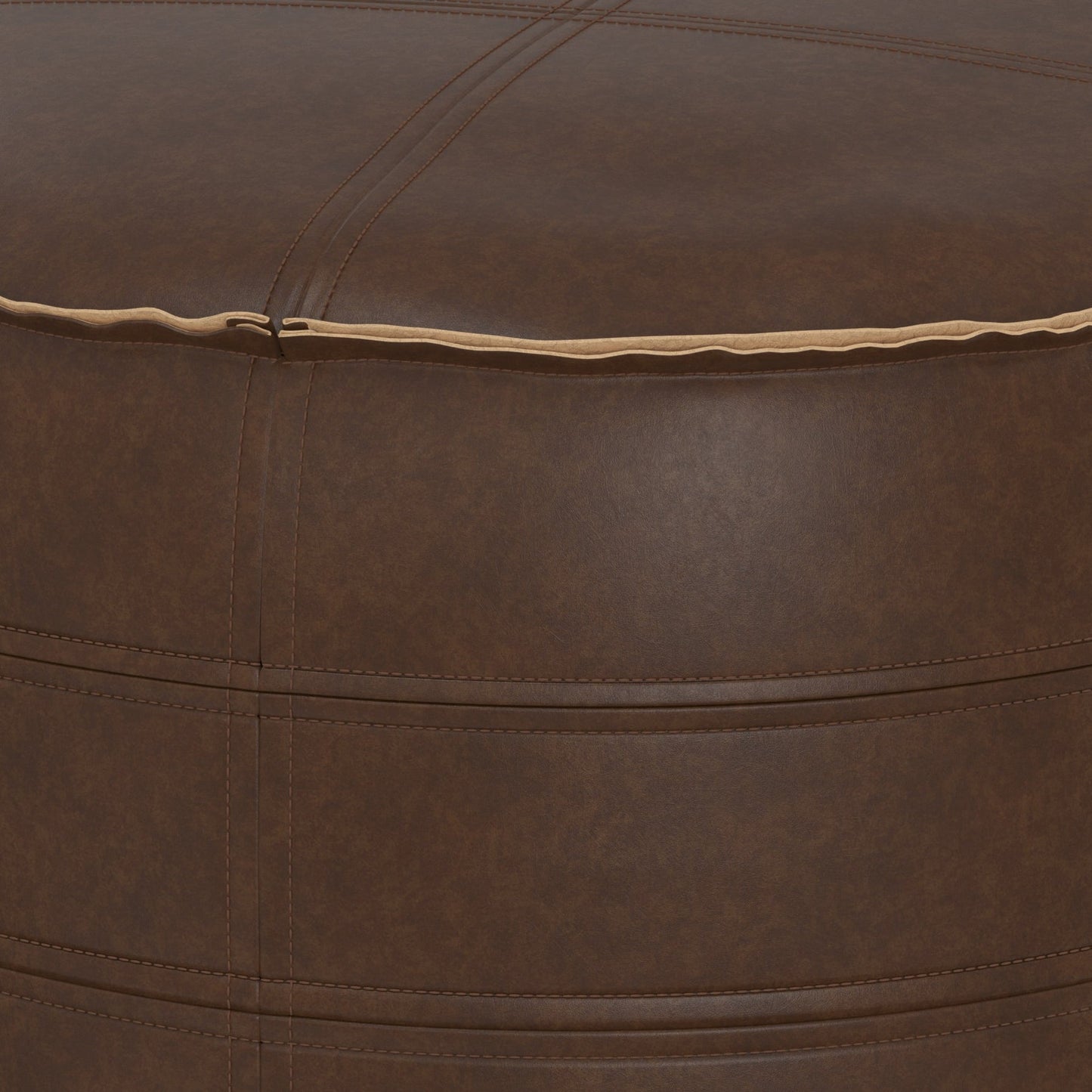 Resonance Faux Leather Round Pouf with Top Stitching Detail and Zipper