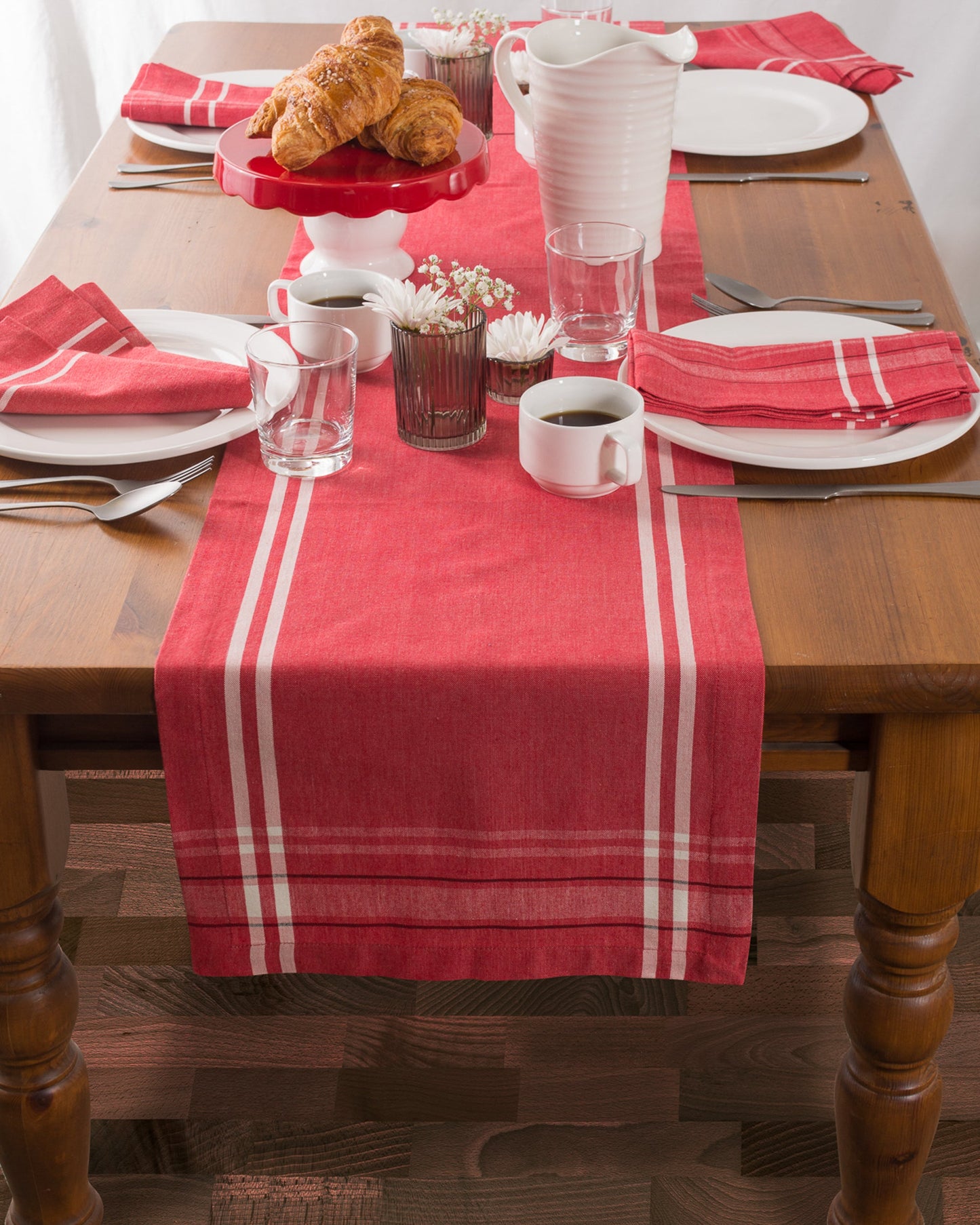 Tango Red Chambray French Stripe Table Runner 14X108