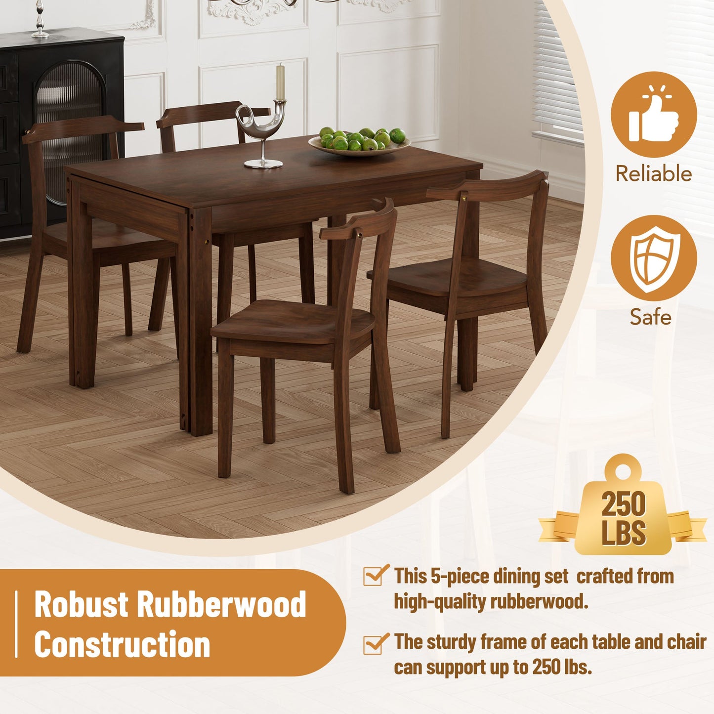 Holva 5-Piece Dining Set with Extendable Table and 4 Open Back Chairs