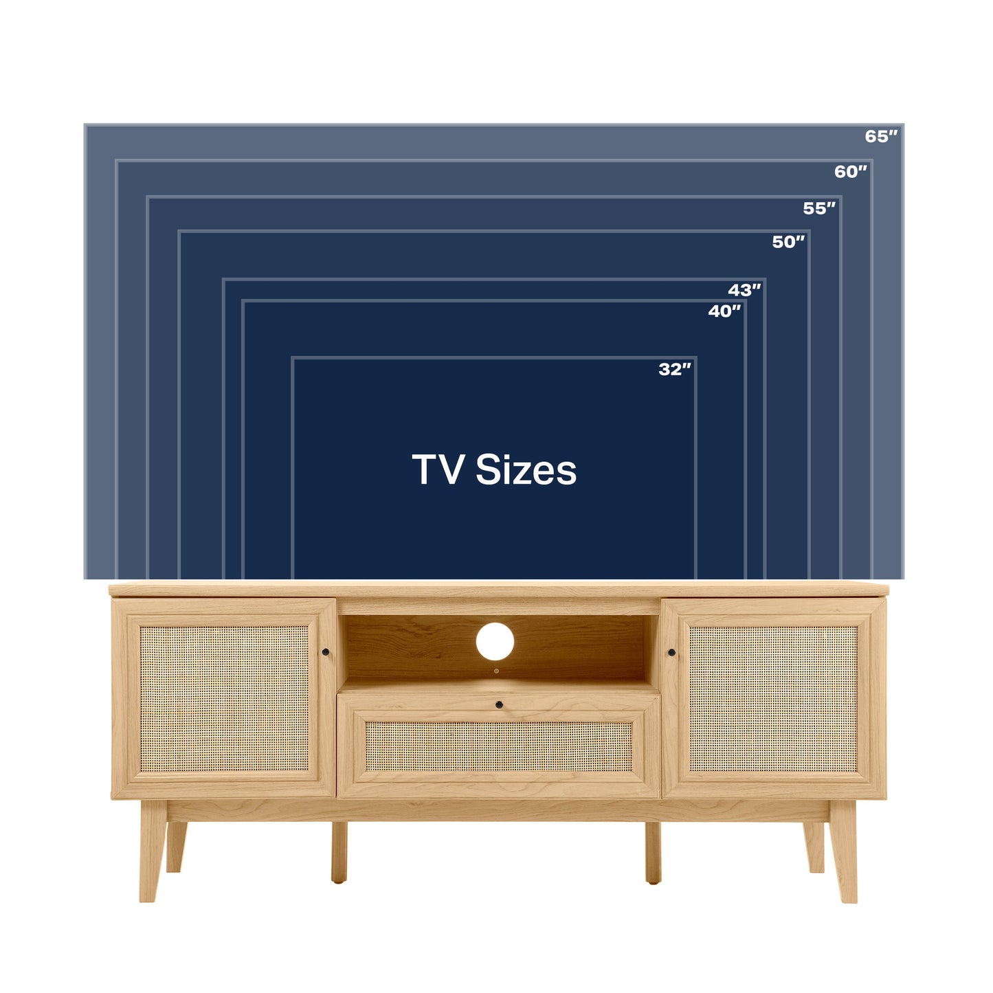 Caned TV Stand, Drawer, Storage Doors Fits TVs up to 65", Cable Management