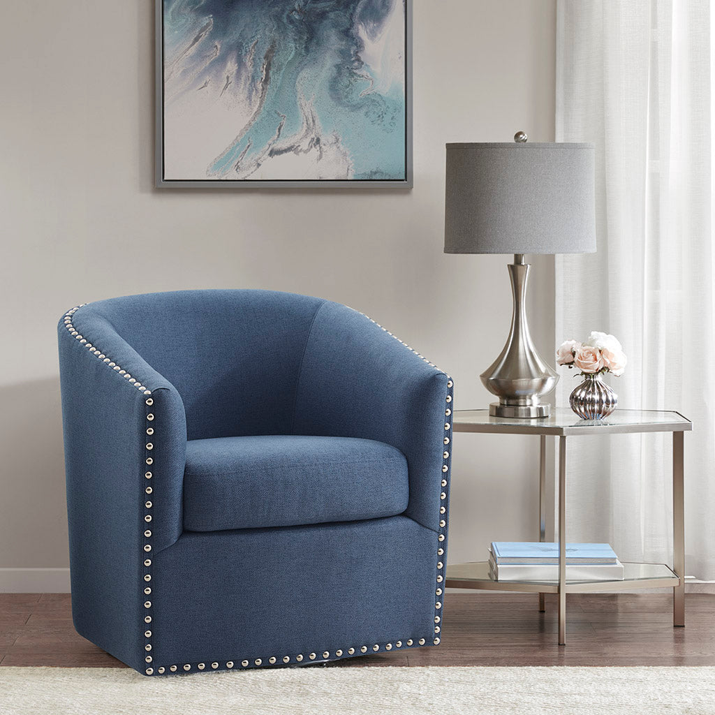 Fantasyy Upholstered Swivel Chair with Nailhead Trim and Curved Design