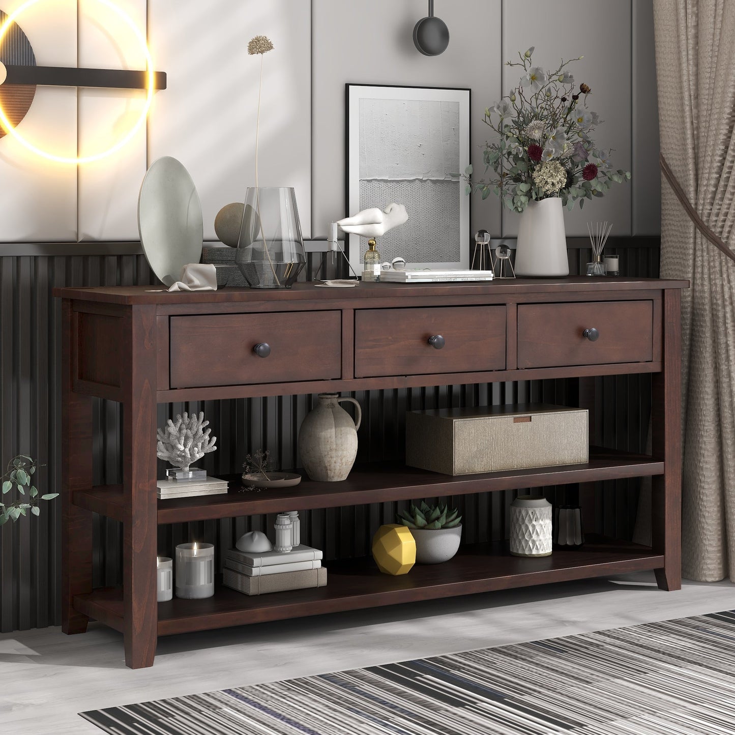 Finley 50'' Wood Console Table with 2 Open Shelves and 3 Storage Drawers