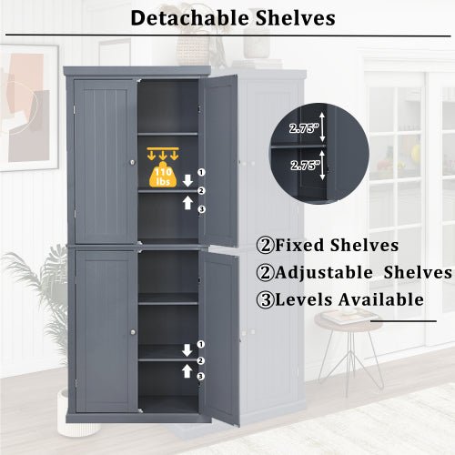 Freestanding Tall Kitchen Pantry, 72.4" with 4 Doors and Adjustable Shelves