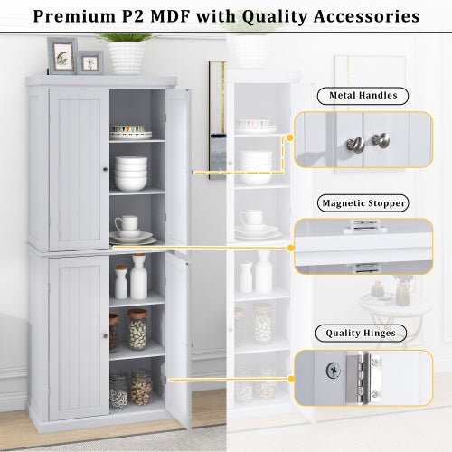 Freestanding Tall Kitchen Pantry, 72.4" with 4 Doors and Adjustable Shelves