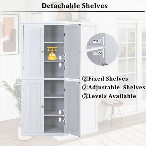 Freestanding Tall Kitchen Pantry, 72.4" with 4 Doors and Adjustable Shelves