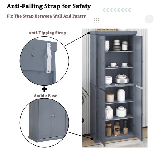 Freestanding Tall Kitchen Pantry, 72.4" with 4 Doors and Adjustable Shelves