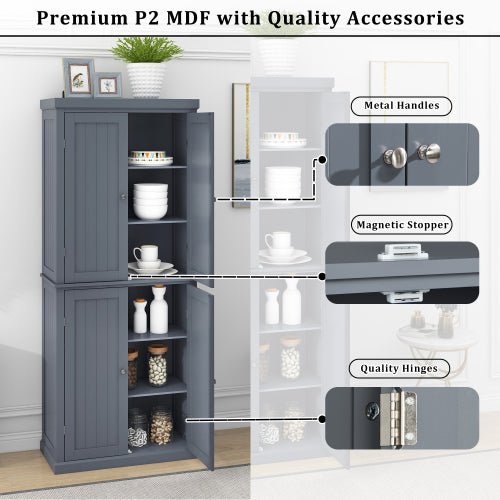 Freestanding Tall Kitchen Pantry, 72.4" with 4 Doors and Adjustable Shelves