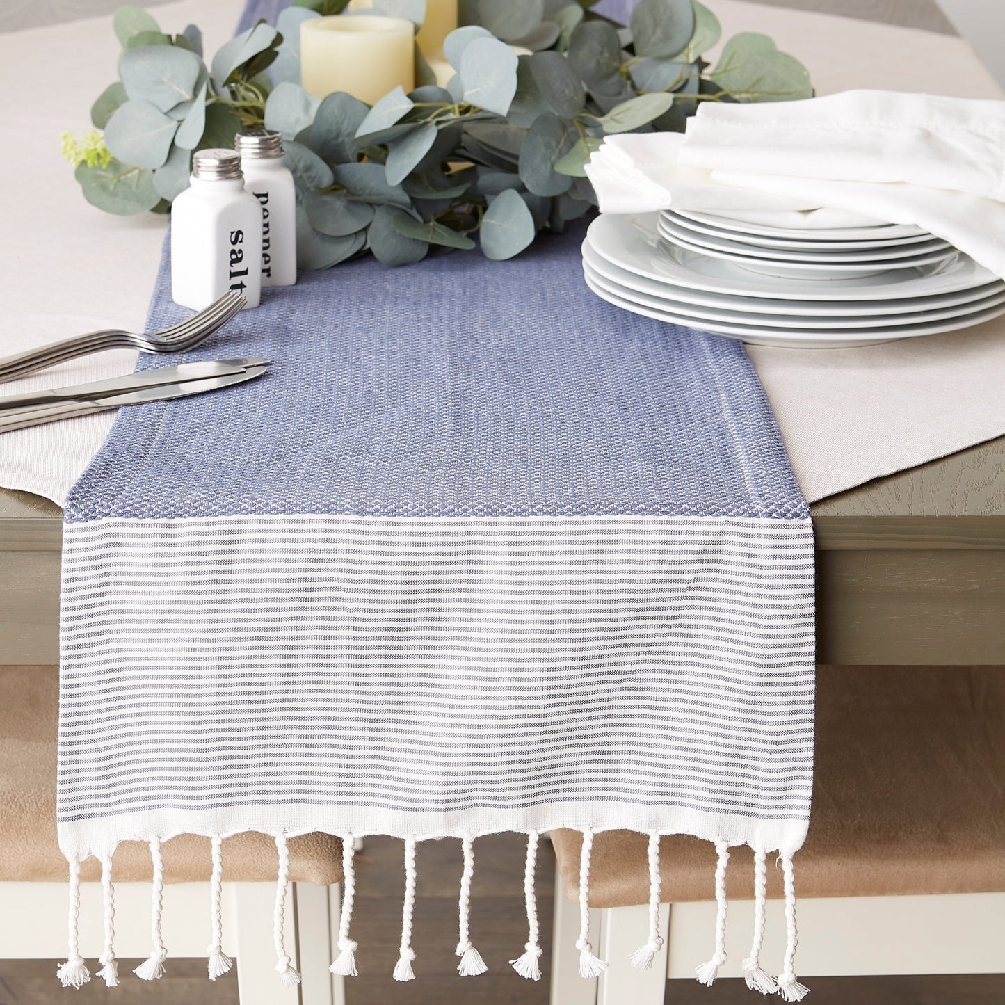 French Blue Bordered Dobby 15"X108" Table Runner