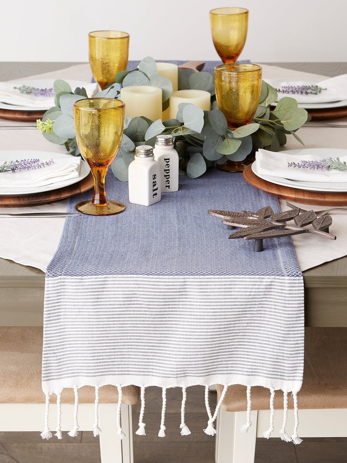 French Blue Bordered Dobby 15"X108" Table Runner
