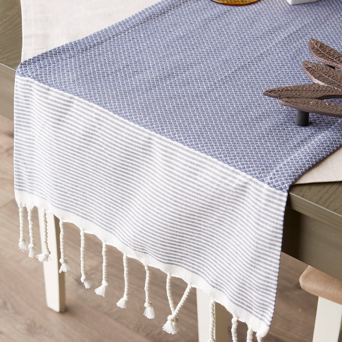 French Blue Bordered Dobby 15"X108" Table Runner