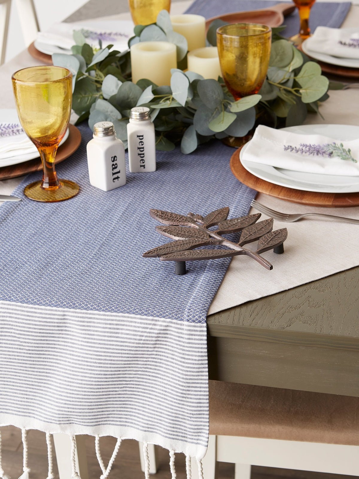 French Blue Bordered Dobby 15"X108" Table Runner