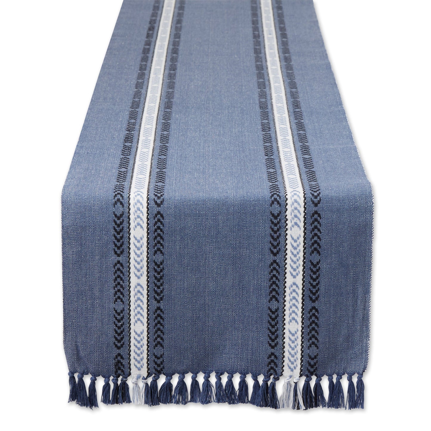 French Blue Dobby Striped Fringe Ribbed 14"X72" Table Runner