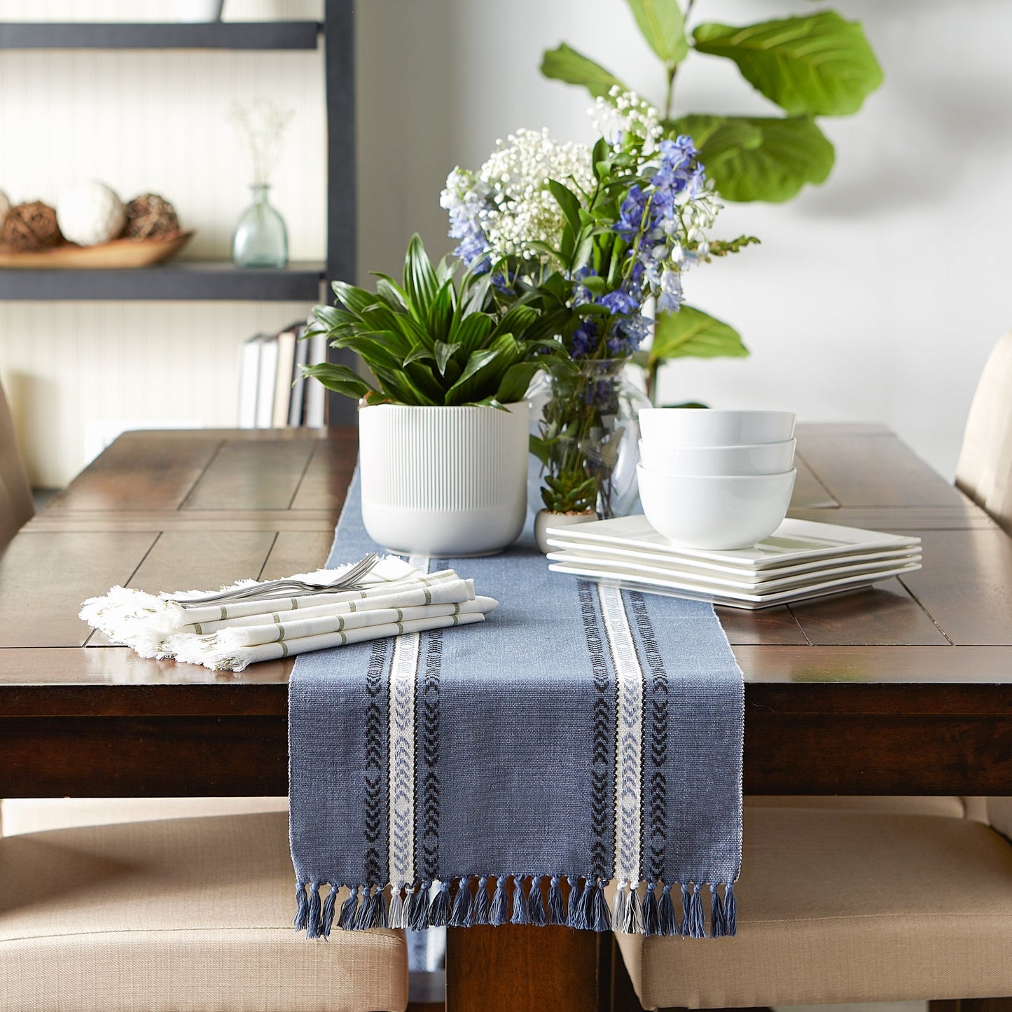 French Blue Dobby Striped Fringe Ribbed 14"X72" Table Runner