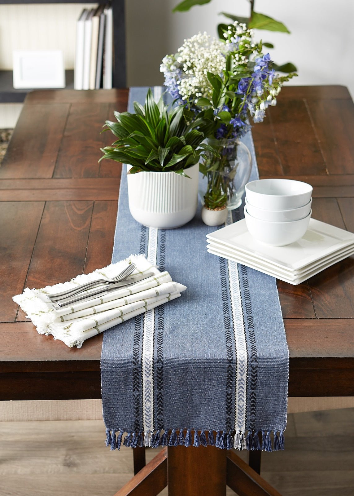 French Blue Dobby Striped Fringe Ribbed 14"X72" Table Runner