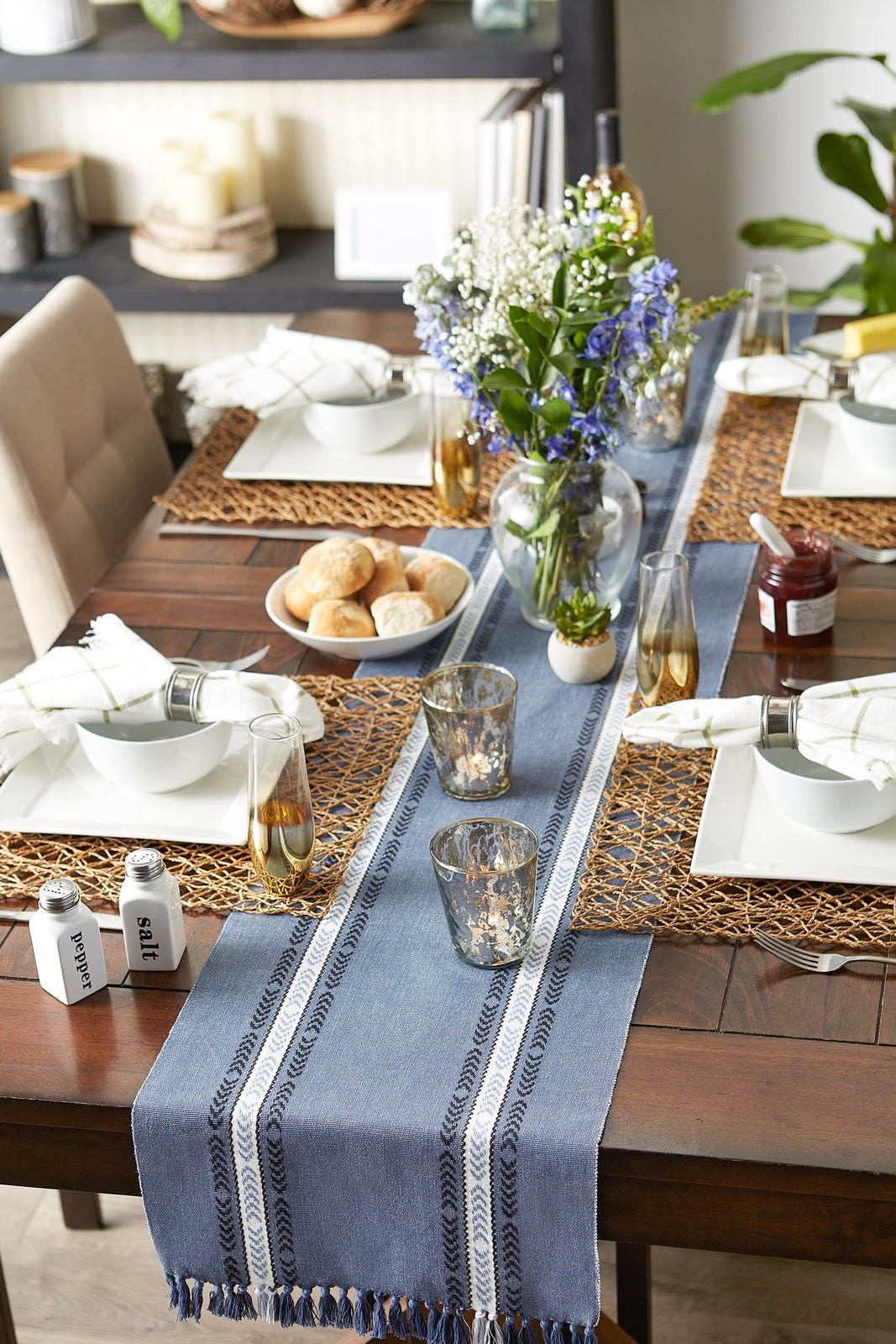 French Blue Dobby Striped Fringe Ribbed 14"X72" Table Runner