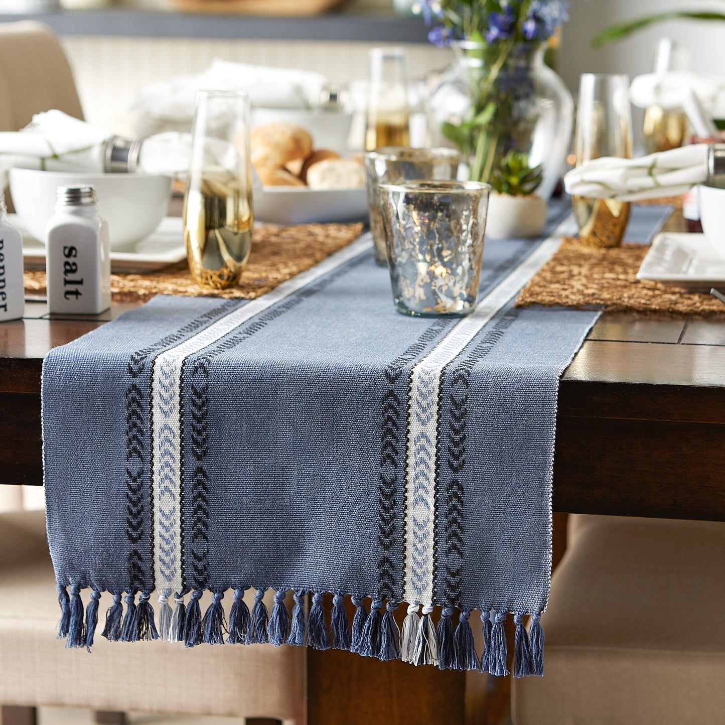 French Blue Dobby Striped Fringe Ribbed 14"X72" Table Runner