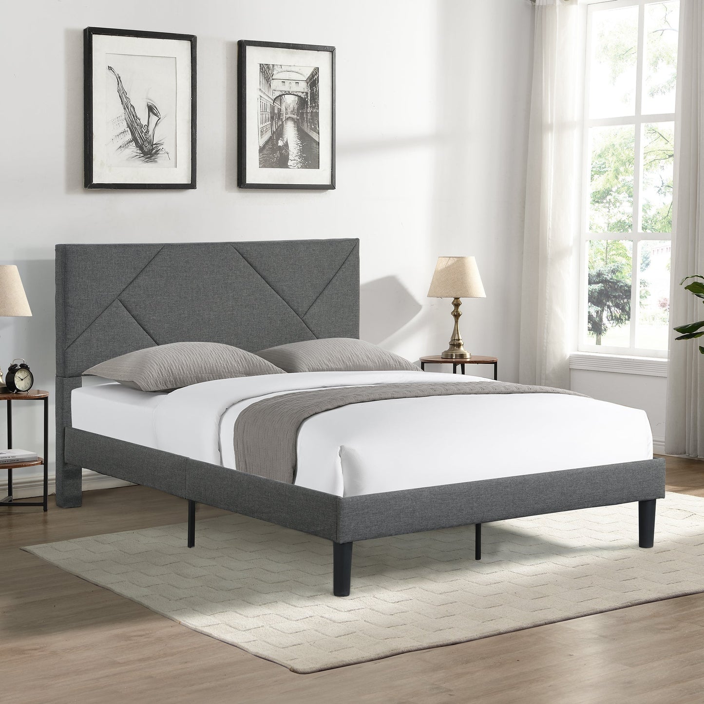 Full Size Upholstered Platform Bed Frame with Headboard, Strong Slat Support, Mattress Foundation