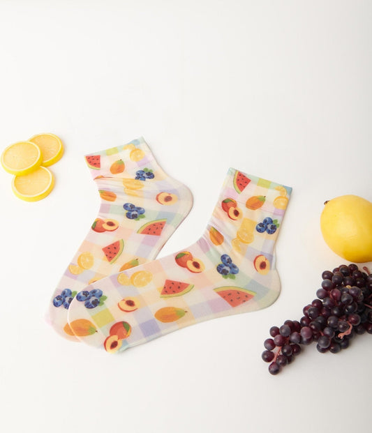 Gingham Fruit Sheer Crew Socks