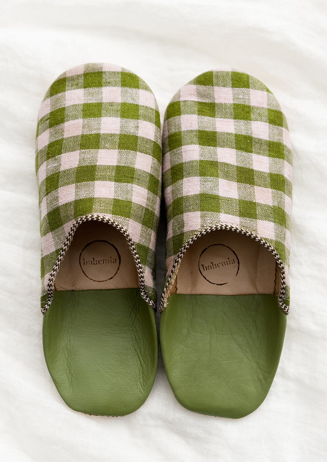 Gingham Linen Leather Slippers