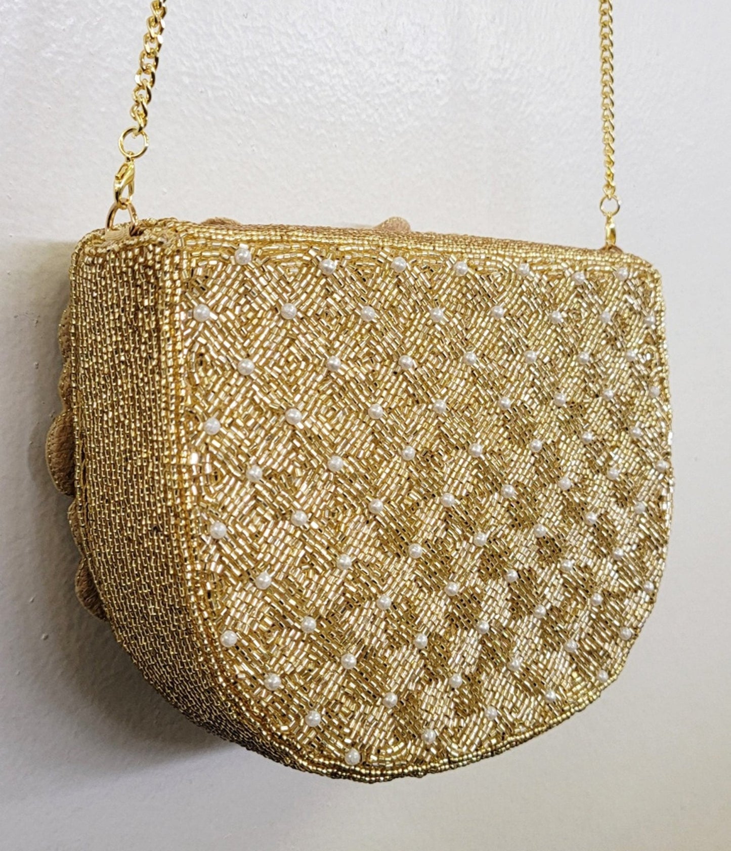 Gold Flower Beaded Crossbody Bag