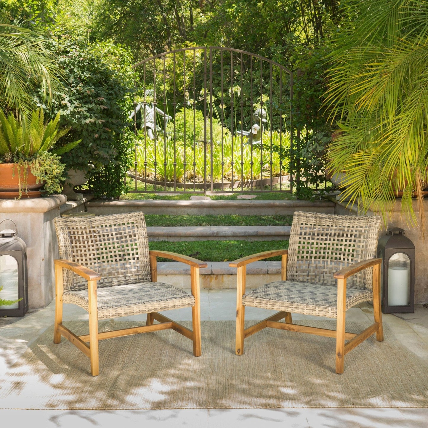 Gorgeous Outdoor Club Chairs with Acacia Wood and Iron Construction, Set of 2