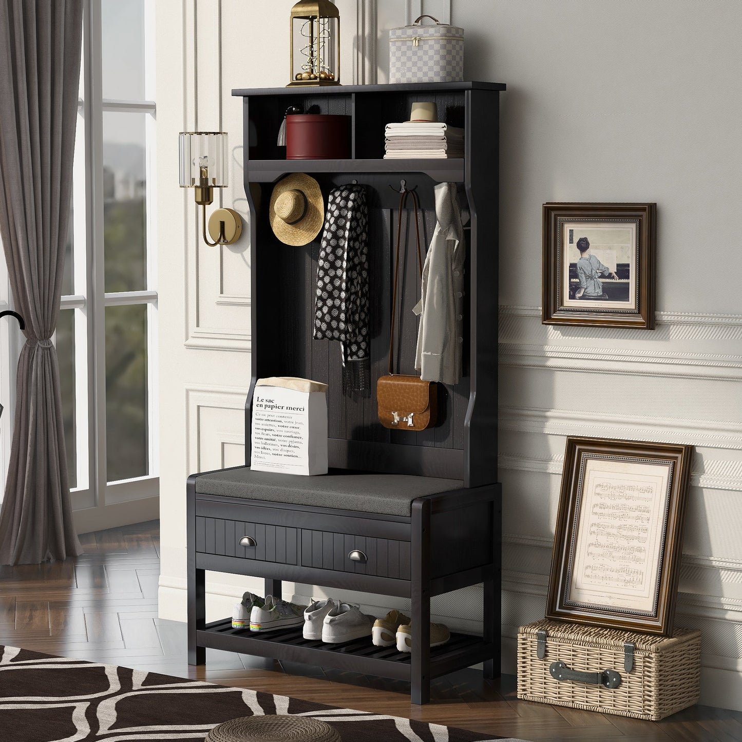 Hall Tree with 4 Hooks and Hinged Lid, Coat Hanger, Entryway Bench, Storage Bench