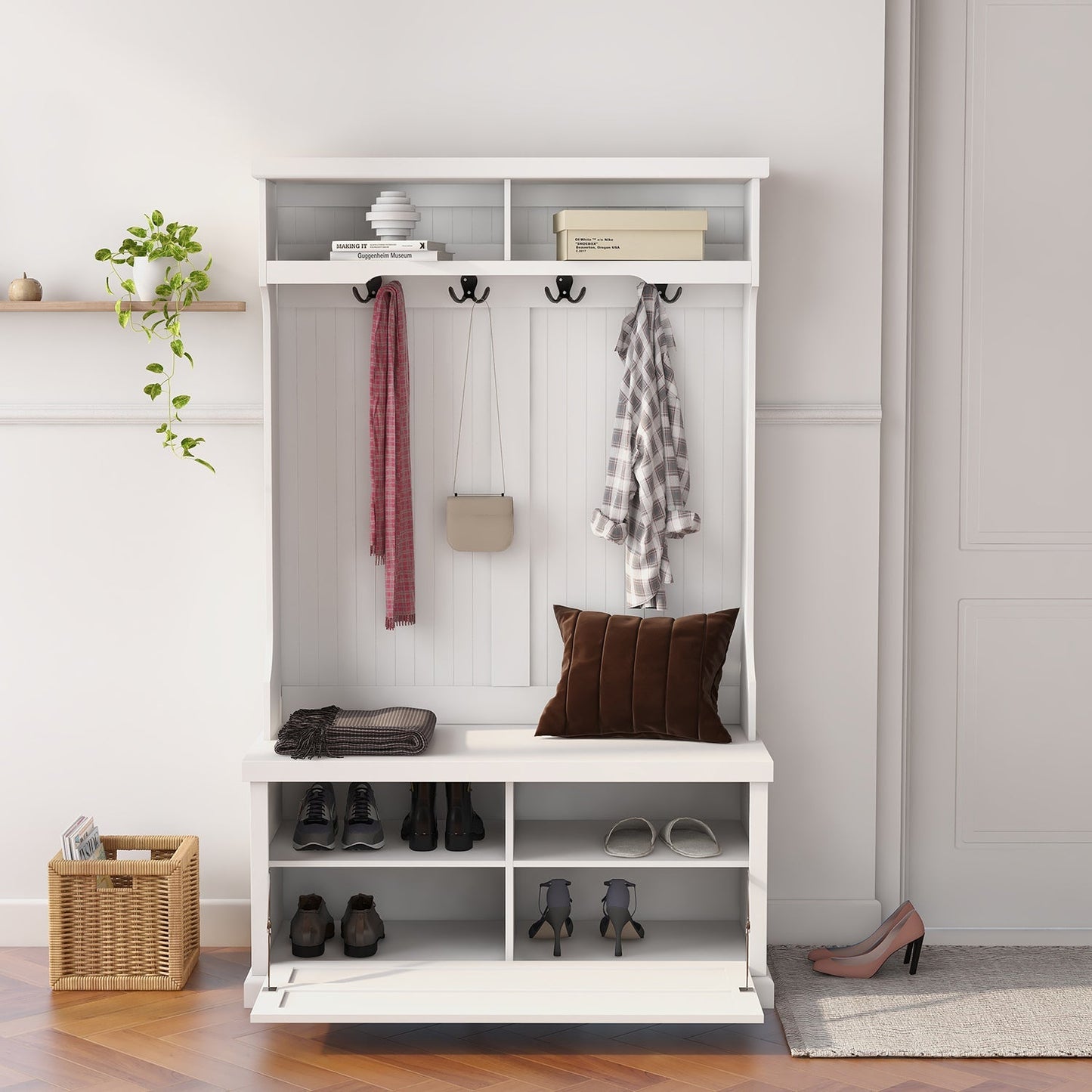 Hall Tree with Coat Rack 4 Hooks and Storage Bench